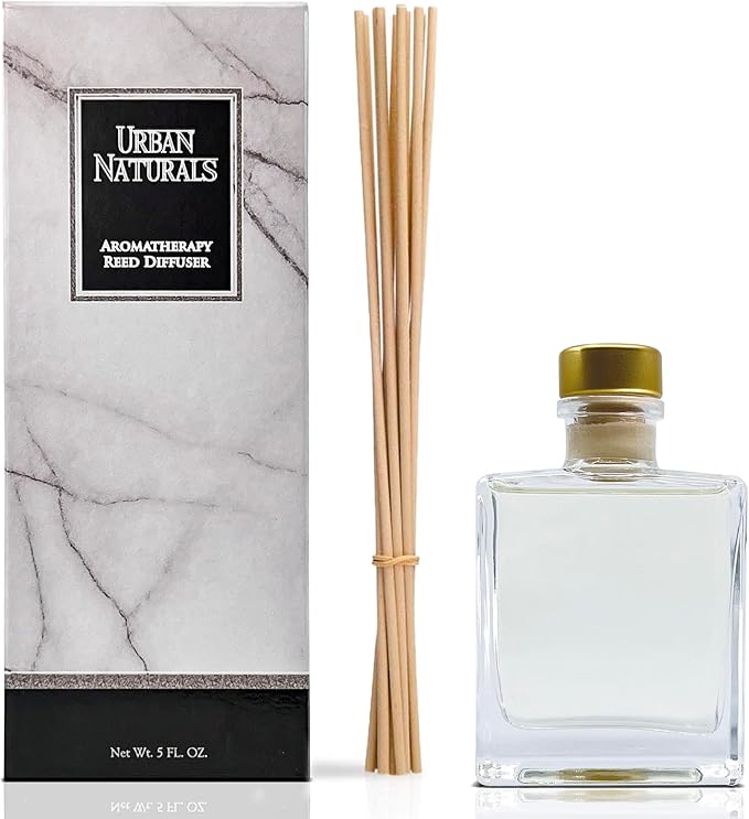 Urban Naturals Lemon Verbena Reed Diffuser Set with Reed Sticks – Tart Citrus with Bergamot & Greens – Sleek Rectangular Refillable Glass Bottle – Made in The USA