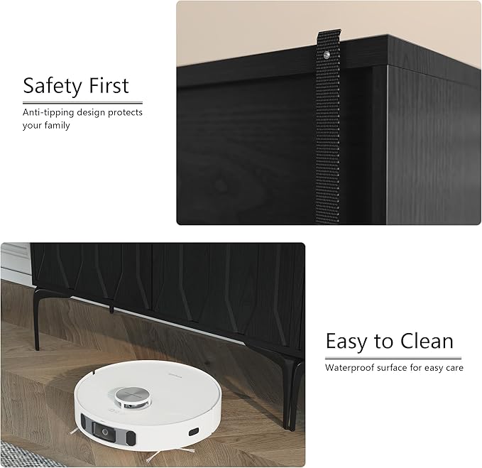 3More Accent Cabinet with 2 Doors,Sideboard Buffet Cabinet with Iron Legs and Adjustable Shelf,3D Lattice Design for Living Room, Entrance, Dining Room,Black