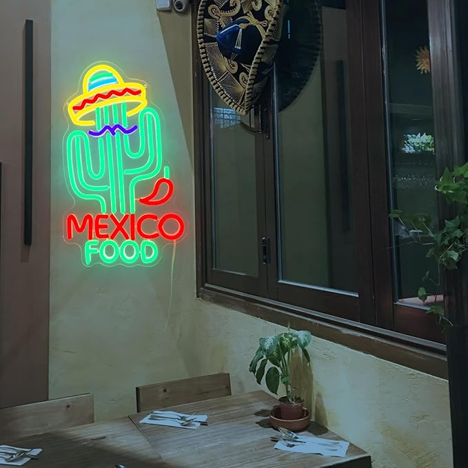 Mexican Food Neon Sign Cactus Neon Lights Dimable Colorful LED Mexican Art Lights Wall Decor for Mexican Restaurants Bars Food Trucks Unique Gift for Taco Enthusiasts Fiesta Parties (15×9.1inch)