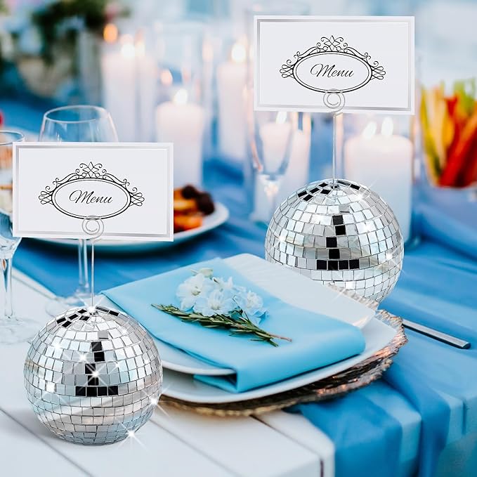Maitys 60 Pcs Disco Ball Table Number Holders Silver Place Card with Swirl Wire Name Cards Photo Stand Clips Picture Holder for Christmas Wedding Party Favor (4 Inch)