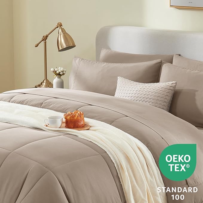 CozyLux Queen Comforter Set Khaki, 7 Pieces Bed in a Bag, Khaki Comforter Queen Size, All Season Bedding Sets with Stitch Quilted Comforter, Flat Sheet, Fitted Sheet, Pillowcases