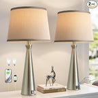 Seealle Modern Table Lamps Set of 2 - Touch Bedside Lamp for Nightstand with USB C+A,3-Way Dimmable Silver Nightstand Lamps for Living Room Bedroom End Table with Grey Shade(Bulb Included)