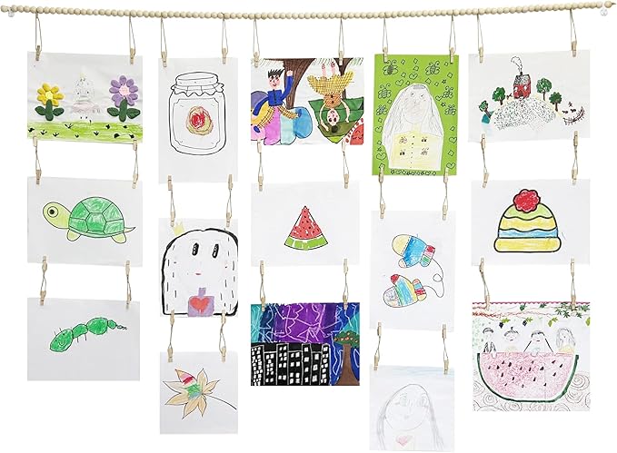 Art Display for Kids Artwork,Hanging Photo Display with 36 Clips, Boho Wooden Beads Kids Art Frame Display Holder for Classroom, Playroom, Bedroom Wall Decor