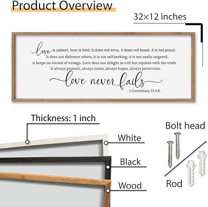 SRSZHIYUE Love is Patient Kind Sign Wall Decor Art 32"×12" 1 Corinthians 13 4-8 Master Bedroom Christian Wood Framed Large Wall Hanging (Wood)