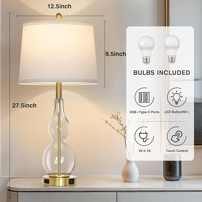 27.5" Clear Glass Table Lamp Set of 2,3-Way Dimmable Touch Control Bedside Lamps with USB Ports and AC Outlet, Modern Nightstand Lamps Gold lamp for Bedroom Living Room