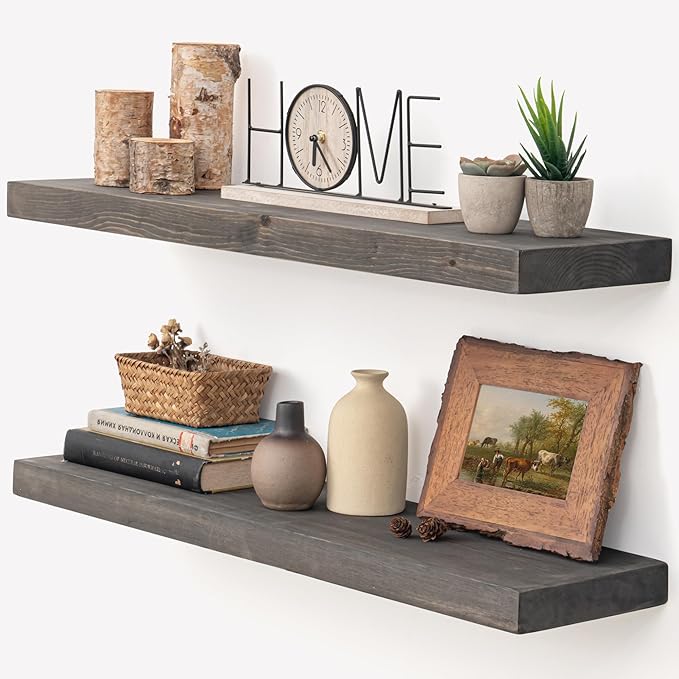 Marsmiles 30 Inch Floating Shelves for Wall - Rustic Grey Wood Floating Shelves Set of 2-30 Inch Wide x 7.7 Inch Deep x 1.6 Inch Thick Wooden Shelves for Room Wall