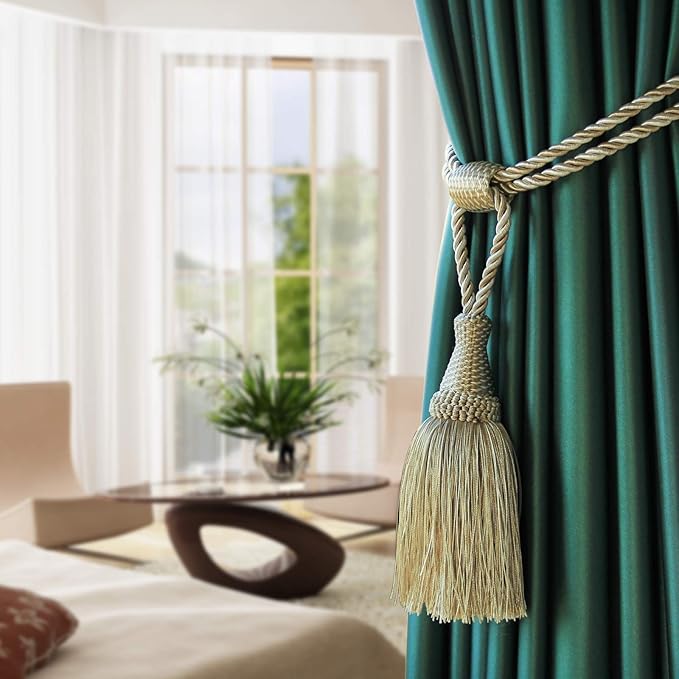 Fenghuangwu Curtain Tiebacks Handmade Elegant Curtain Tie Backs Holdbacks with Tassel for Home Office Decor 2 Pack - Beige