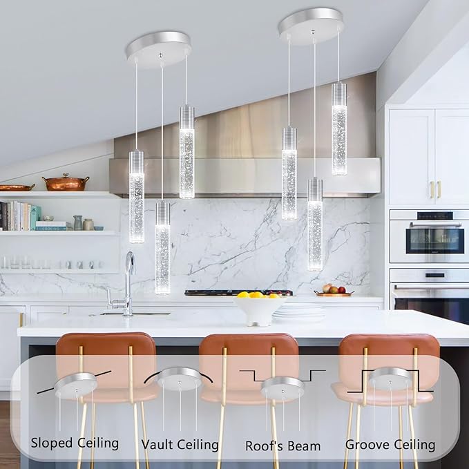 3-Lights Pendants Light for Kitchen Island Chandeliers Dining Room Pendant Lighting Fixture Bubble Crystal Ceiling Hanging Lights Bedroom Island Kitchen 6000K White Light Fixtures Chrome