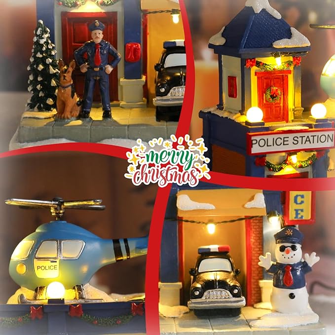 Bdor Christmas Police Station Decoration – Lighted Animated Holiday Village Scene with Helicopter and Police Cars – Plug-in Resin Christmas Tabletop Ornament – 9"x6.3"x9"
