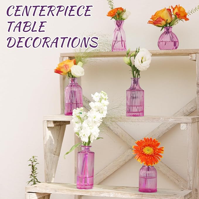 24PCS Bud Vases for Decor Cool Hot Pink Small Glass Flower Vase in Bulk Wedding Centerpieces Bridal Shower Decorations for Women