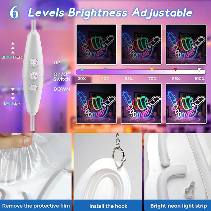 Good Vibes Neon Sign, Niubility Dimmable Good Vibes Only Neon Signs Light with ON/OFF Switch, USB Powered Neon Signs for Wall Decor, Colorful Light Up LED signs for Bedroom Game Room Party Club Decor