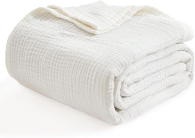 EMME Cotton Blanket for Couch Breathable Gauze All Season Soft and Lightweight Muslin White Throw Blankets for Adults (White, 50"x70")