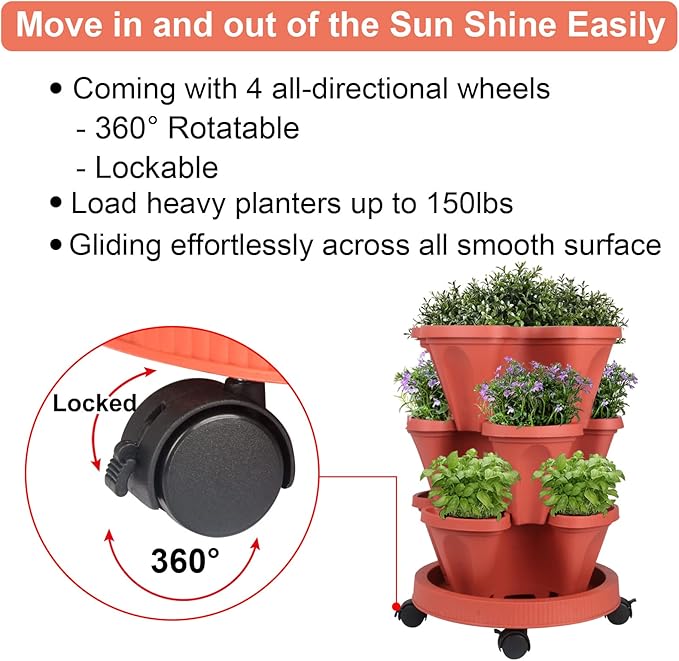 Vertical Planter 3 Tier Stackable Planters Garden Planters Strawberry Herb Flower and Vegetable Planter Indoor Outdoor Gardening Pots with Removable Wheels and Tools
