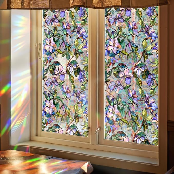 Window Film, Decorative Purple Flowers Stained Static Glass Window Clings Stickers for Home Office Living Room Bedroom Glass Windows Door Decor 16.93 x 39.37 Inches