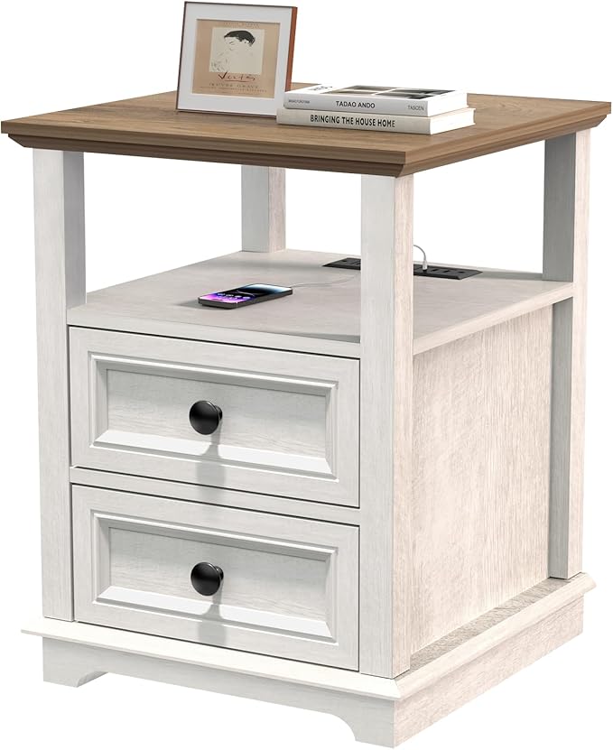 18" Wide End Table with Fast Charging Station Set of 2, 18” Wide Sofa End Table with Drawers,Storage Rustic Wood Storage Cabinet,Sofa Table for Living Room,White
