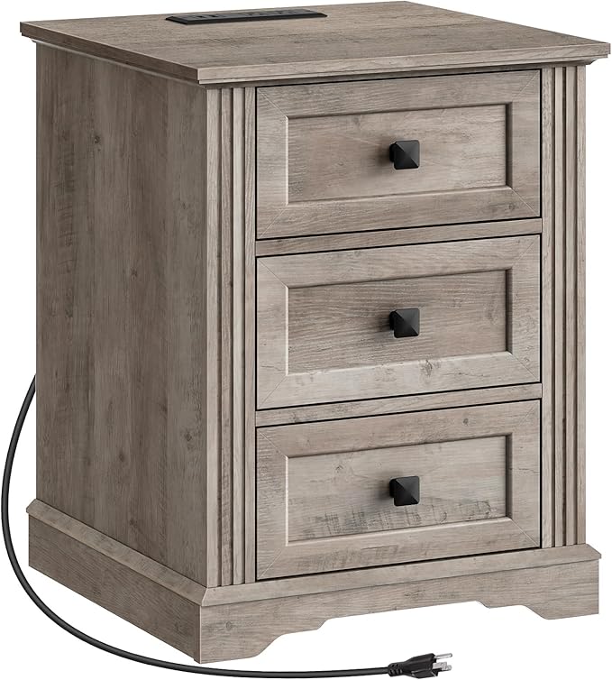 Nightstand with 3 Drawers, 18 Inch Wide End Table with Charging Station, Farmhouse Bedside Table, Side Table for Bedroom, Study, Greige