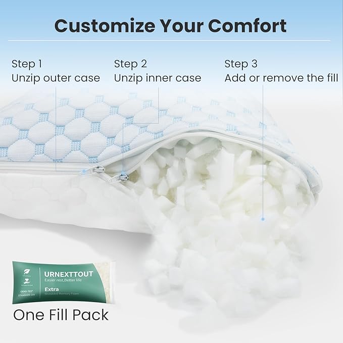 Shredded Memory Foam Pillows for Travel Cooling Pillows for Hot Sleepers Support Adjustable Travel Pillow with Extra Fill