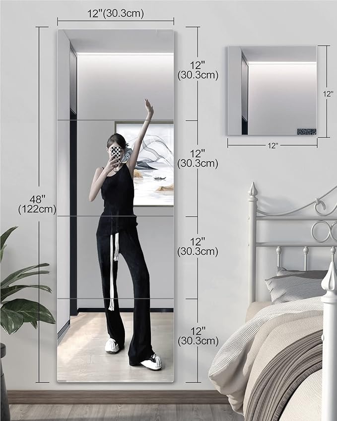 Shatterproof Wall Mirror Full Length for Bedroom, Acrylic Gym Mirrors For Home, Extra Thick: 0.12 inch, 12 x 12 inch x 4 Pcs, Workout Mirrors Safe for Kids, Over The Door, Long Wall Mounted