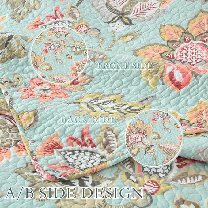 Cotton Bedspread Bedding Coverlet Quilt Sets, Reversible Vintage Branch Floral Bedspread comforters, (Vintage Floral Blue Pattern, Queen Size)