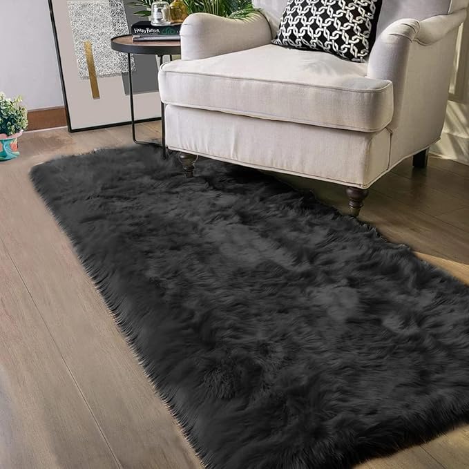 Latepis Black Runner Bedside Rug 2x6 Area Faux Sheepskin Fur Rug Washable Fluffy Rugs for Bedroom Fuzzy Rugs for Living Room Sofa Floor Cushion Luxury Home Decor