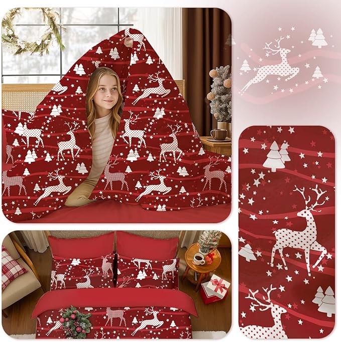 Christmas Comforter Set Full Size,Red Christmas Bed Set with Reindeer Stars Bedding for Holiday, 3 Pieces 1 Reversible Comforter and 2 Pillowcases