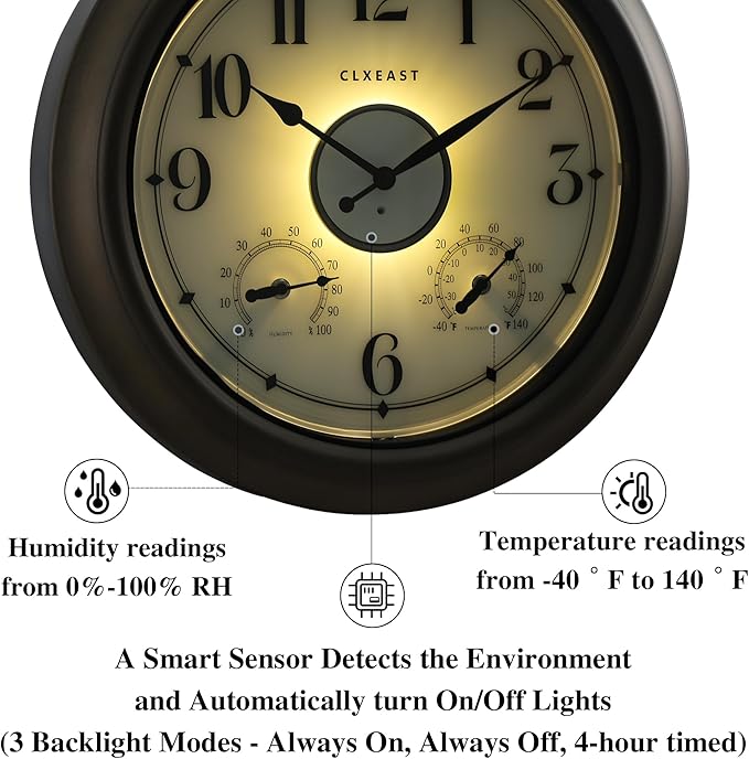 CLXEAST Illuminated Outdoor Clocks Waterproof 18 Inch with Smart Sensor,Large Outdoor Pool Clock with Temperature & Hygrometer,Grey Oak/Faux Barnwood,House Warming Gifts New Home
