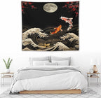 Houselerax Koi Fish Tapestry, Japanese Style Yin Yang Big Wave Cherry Blossom Tapestries Wall Hanging for Bedroom Living Room Office Decor 60"x50"