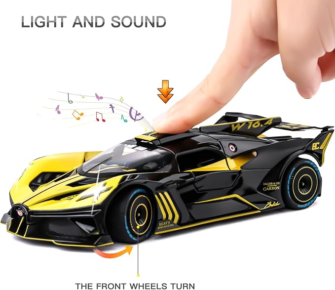 Toy Car Model for Compatible with 1:24 Bolide Alloy Diecast Collect Car Toy with Lights and Music, Pull Back Car Toys for Kids Boys Girls Gift (Yellow)