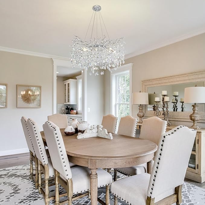 Modern Round Crystal Chandeliers, 30" Crystal Chandeliers for Dining Room,Silver Tree Branches Chandelier, for Living Room,High Ceiling,Foyer,Entryway,Kitchen Island