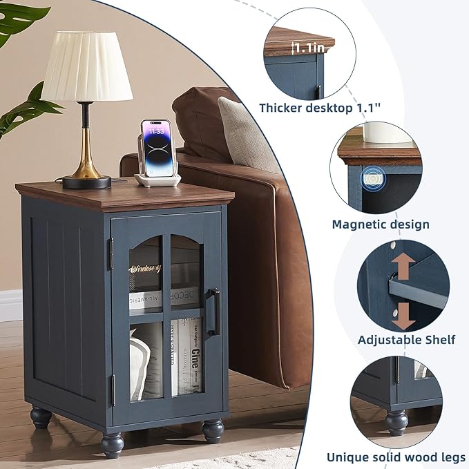 Farmhouse End Table Set of 3 with Charging Station, 18'' Narrow Side Table and 24" Large Sofa Side Table with Glass Barn Door Storage, Wood Night Stand Bedside Table for Living Room,Bedroom