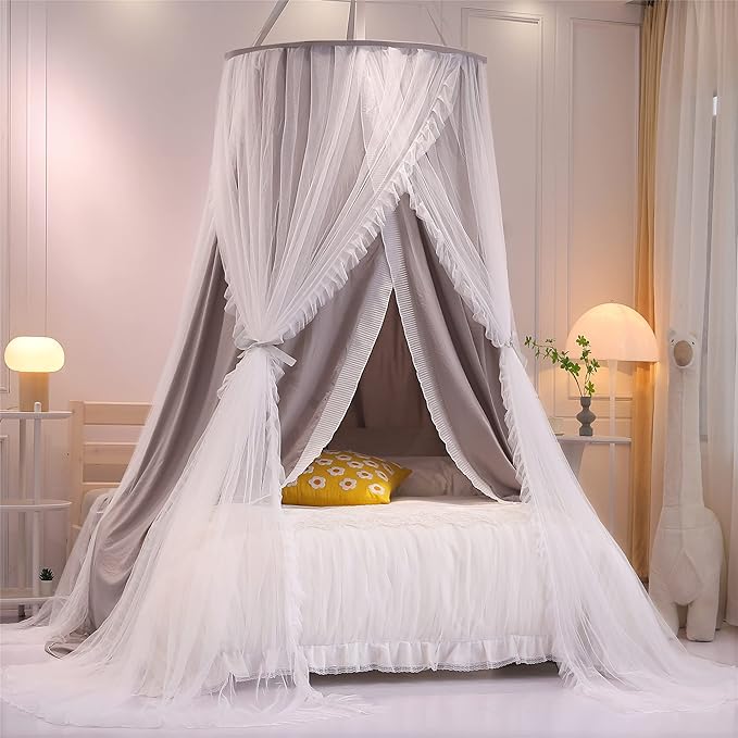 VETHIN Double Layer Princess Round Dome Canopy Bed Curtain for Girls Adults,Children Dreamy Mosquito Net,Cute Bedroom Decoration Castle Play Tent Reading Nook Canopies(Dome-Grey/White)