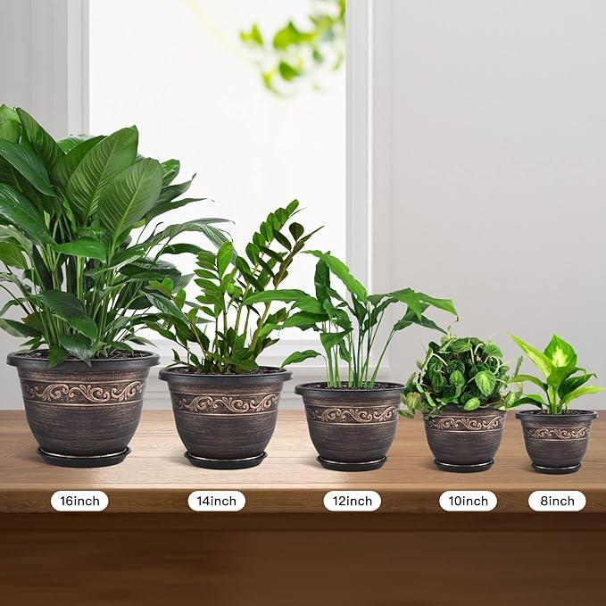 Plastic-Plant-Flower-Planters-14 Inch with Drainage Hole & Saucer, 3 Packs Lightweight Large Resin Flower Pot Indoor Outdoor, Retro Antique Imitation Decorative Garden Containers Sets for Houseplants