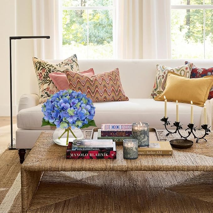 Hollyone Hydrangea Artificial Flowers with Glass Vase Blue-Green Silk Faux Flowers Arrangements in Vase with Faux Water Fake Floral Bulk Bouquet for Home Decor Table Centerpiece Decorations