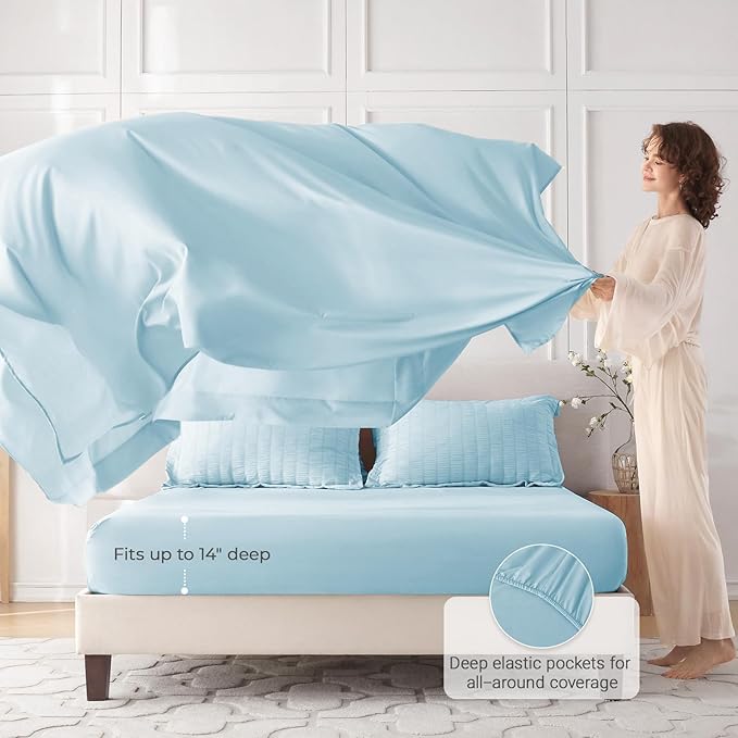 MUXHOMO 7 Pieces Full Comforter Set, Seersucker Bed in a Bag Full Size, All Season Luxury Bedding Set with Comforter, Flat Sheet, Fitted Sheet, Pillowcases & Shams, Lake Blue