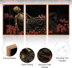 Aurlan Gothic Skeleton Roses Framed Wall Art(16"x24"), 3PCS Romantic Halloween Skull Flowers Canvas Artwork, Dark Moody Goth Mystical Creepy Decor for Home Office Bedroom