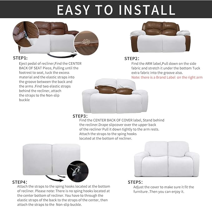 Easy-Going 6 Pieces Recliner Loveseat Stretch Sofa Slipcover Sofa Cover Furniture Protector Couch Soft with Elastic Bottom Kids, Spandex Jacquard Fabric Small Checks Snow White