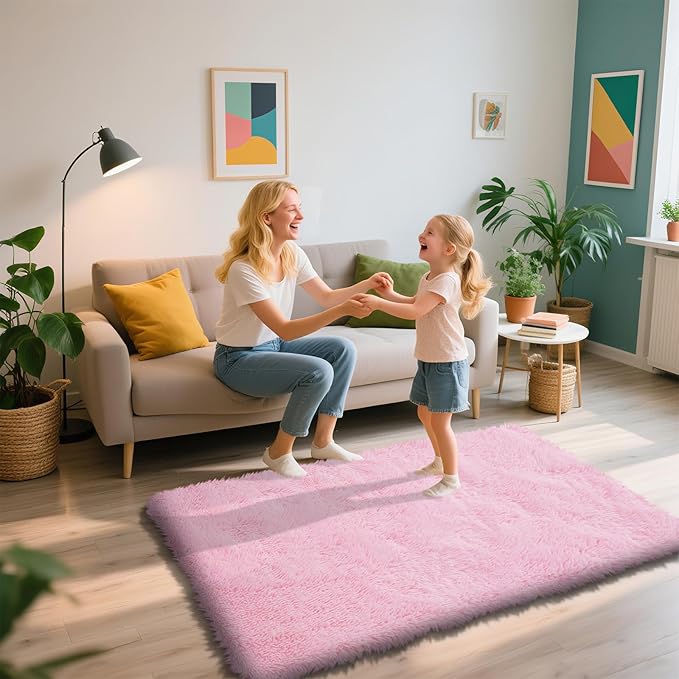 Shag Area Rug for Bedroom 3x5,Pink Fluffy Area Rugs for Living Room,Soft Fuzzy Rug Non-Shedding Indoor Plush Carpet for Kids Bedroom Nursery Dorm Home Decor