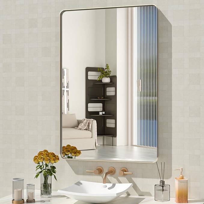 WEER 24X36 Inch Brushed Nickel Bathroom Mirror, Brushed Silver Metal Frame Mirror, Rounded Rectangle Silver Bathroom Vanity Mirror, Tempered Glass, Anti-Rust, Hangs Horizontally or Vertically