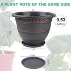 6 Pack 8 Inch Plant Pots, Plastic Flower Pot for Indoor & Outdoor with Drainage Holes & Saucer, Plaid Pattern Planters Garden Pots for Herbs