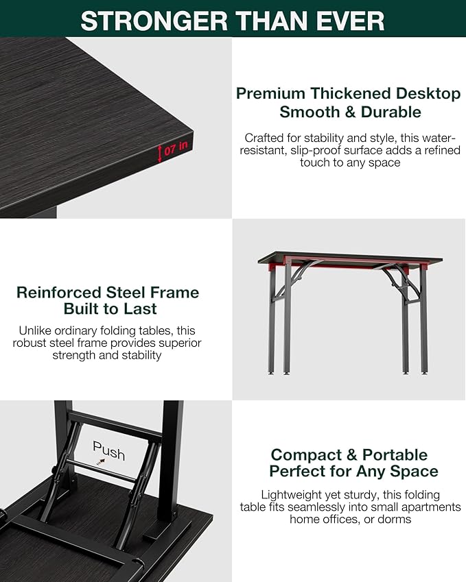 Frylr Small Folding Computer Desk – 55.1 Inch Portable Table for Craft and Study, Lightweight Desk for Small Spaces, Foldable Laptop Table Built-in AC/USB Outlets for Convenience, Charcoal Wenge