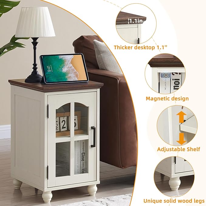 Farmhouse End Table Set of 3 with Charging Station, 18'' Narrow Side Table and 24" Large Sofa Side Table with Glass Barn Door Storage, Wood Night Stand Bedside Table for Living Room,Bedroom