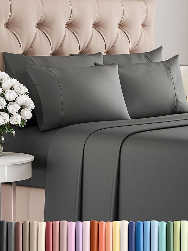 Cal King Sheets Set 6 Piece - Includes 4 Pillowcases - Bed Sheets Cal King Size - Soft Hotel Luxury Bedding - Cooling, Comfy & Breathable - 1 Flat & 1 Fitted & 4 Pillowcases w/ Deep Pockets - Charcoal