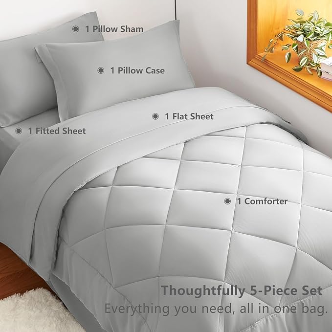 CozyLux Twin Comforter Set with Sheets Light Grey - 5 Pieces Bed in a Bag Twin, All Season Bed Set for Girls and Boys, Bedding Set with Down Alternative Comforter, Sheets, Pillowcase & Sham