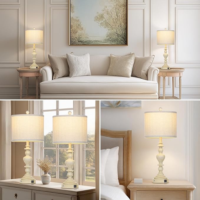 27" Farmhouse Table Lamps Set of 2, Vintage Bedside Lamps with USB A+C Charging Ports, 3-Way Dimmable Touch Control Traditional Nightstand Lamp for Living Room Beige (Bulbs Included)
