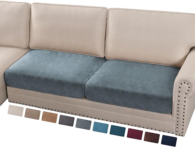 PrinceDeco Velvet Couch Cushion Cover Soft Stretch Cushion Slipcover for Chair Loveseat Sofa Cushion Furniture Protector Seat Cushion Sofa Cover (2 Piece Large Sofa Cushion Covers, Stone Blue)