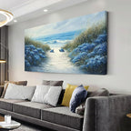 LASMOND Romantic Beach Wall Art for Living Room Blue Sea Turtle Lovers Canvas Painting Prints Ocean Sandy Romance Flowers Large Bedroom Office Decor Artwork (58x28 Inches)