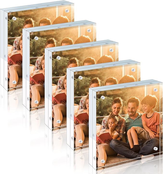 Egofine 5x5 Acrylic Frames 5 Pack, 20mm Thicker Frameless Clear Picture Frames, Double Sided Magnetic Picture Frames, Free Standing Desktop Display