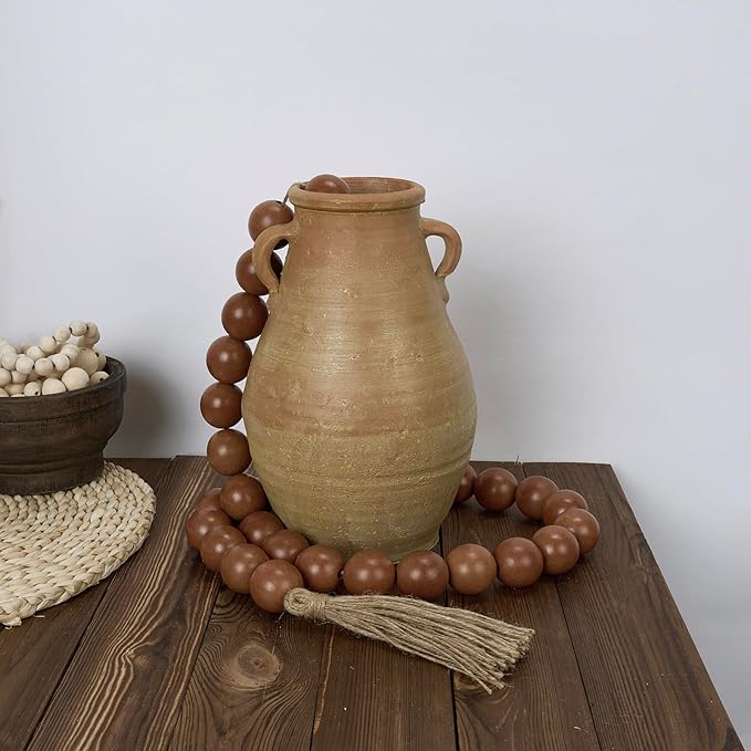 OMISHE 76" Long Extra Large Wood Bead Garland with 1.6" Diameter Wooden Beads and Tassels, Rustic Farmhouse Country Decorative Beads for Home Tiered Tray Decor, Brown