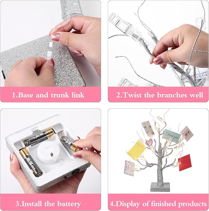 Mudder Money Holder Tree Present Card Holder with 12 Clear Clips LED Birch Twig Lights Tabletop Display Tree for Christmas, Valentines, Memo, Photo, Wedding(Stylish Style,Silver, Warm White)