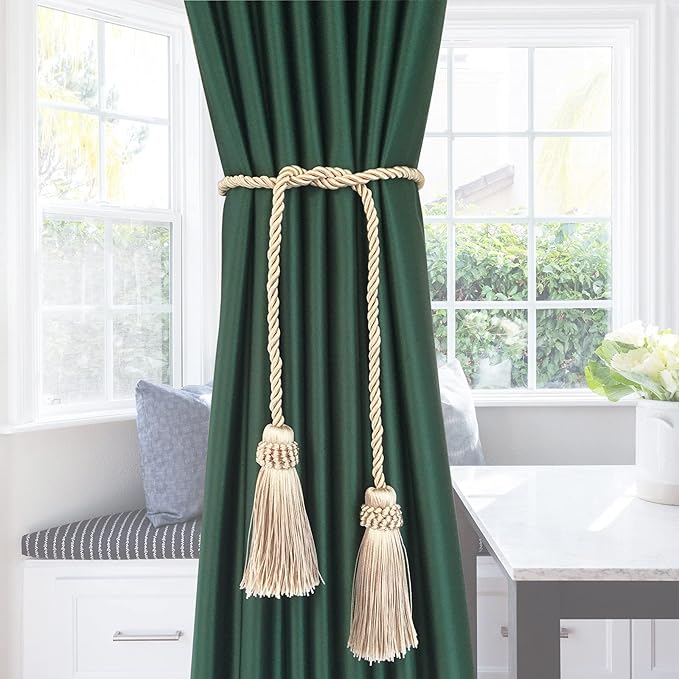 Fenghuangwu Curtain Tiebacks Handmade Decorative Curtain Holdbacks Rope with Tassel (Beige, 2P)